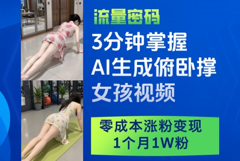 3分钟掌握AI生成俯卧撑女孩视频，零成本涨粉变现，1个月1W粉-琴书聊项目