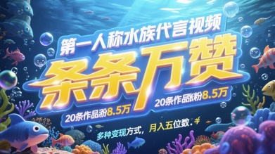 第一人称水族代言视频，条条万赞，20条作品涨粉7.8W，多种变现方式月入五位数-琴书聊项目
