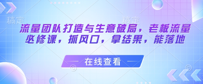 流量团队打造与生意破局，老板流量必修课，抓风口，拿结果，能落地-琴书聊项目
