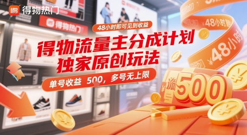 得物流量主分成计划独家原创玩法，48小时即可见到收益，单号收益5张，多号无上限【揭秘】-琴书聊项目