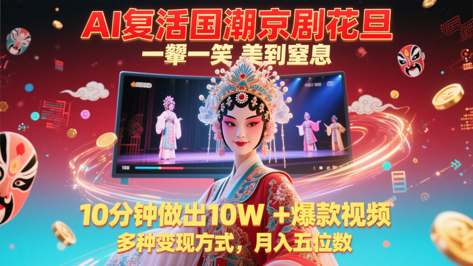AI复活国潮京剧花旦，一颦一笑美到窒息，10分钟做出10W+爆款视频，多种变现方式-琴书聊项目