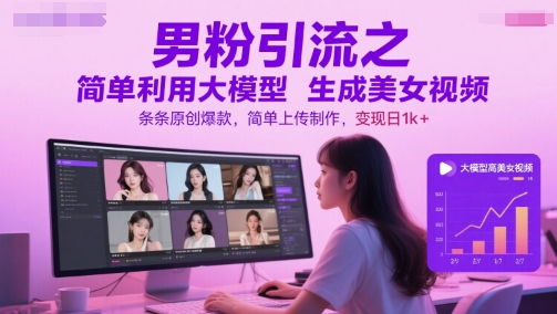 男粉引流之简单利用大模型生成美女视频，条条原创爆款，简单上传制作，变现日1k+-琴书聊项目