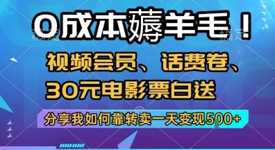 0成本薅羊毛!视频会员、话费卷、30元电影票白送，分享我如何靠转卖一天变现5张+【揭秘】-琴书聊项目