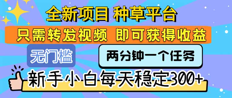 全新项目 种草平台 只需要转发任务视频 即可获得收益 新手小白每天300+-琴书聊项目