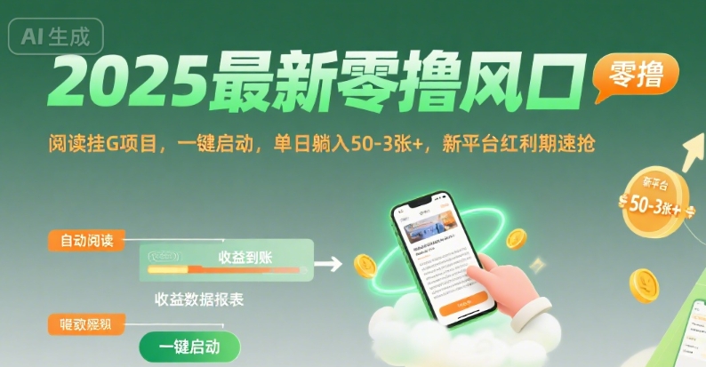 2025最新零撸风口，阅读挂G项目，一键启动，单日躺入 50-3张+，新平台红利期速抢【揭秘】-琴书聊项目