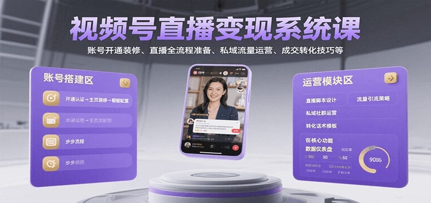 视频号直播变现系统课，账号开通装修、直播全流程准备、私域流量运营、成交转化技巧等-琴书聊项目