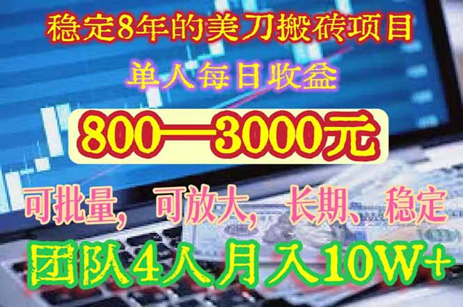 稳定8年的美刀搬砖项目，单人每日收益800—3000.团队4人月入10W+.可线下-琴书聊项目