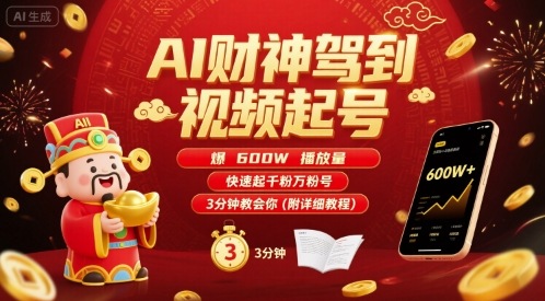 AI财神驾到视频起号，爆600W播放量，快速起千粉万粉号，3分钟教会你(附详细教程)-琴书聊项目