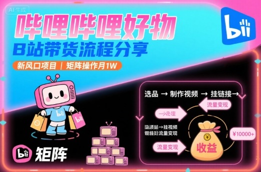 哔哩哔哩好物，B站带货流程分享，新风口项目，矩阵操作月1W-琴书聊项目