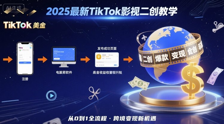 2025年最新TikTok影视二创教学，从注册到发布撸美金全流程，跨境变现新机遇-琴书聊项目