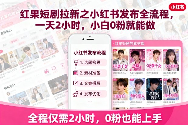 红果短剧拉新之小红书发布全流程，一天2小时，小白0粉就能做-琴书聊项目
