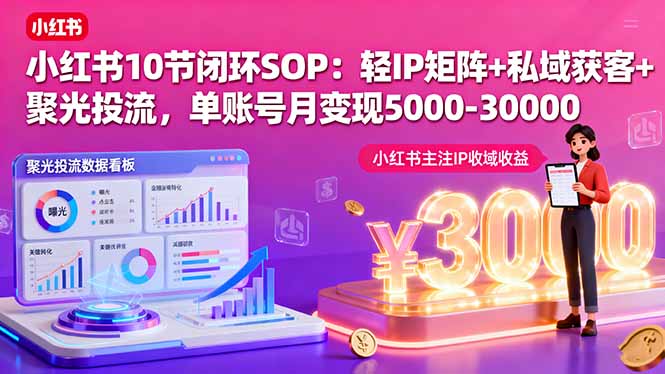 小红书10节闭环SOP：轻IP矩阵+私域获客+聚光投流，单账号月变现5000-30000-琴书聊项目