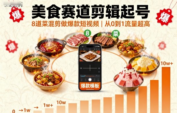 美食赛道剪辑起号，8道菜混剪做爆款短视频，从0到1，流量超高-琴书聊项目