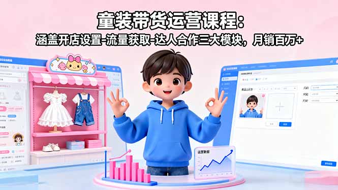 童装带货运营课程：涵盖开店设置-流量获取-达人合作三大模块，月销百万+-琴书聊项目