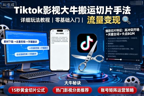 Tiktok影视大牛搬运切片手法，详细玩法教程-琴书聊项目