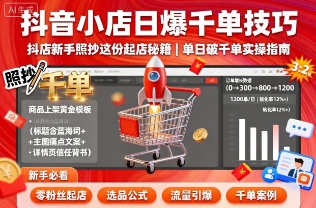 抖音小店日爆千单技巧，抖店新手照抄这份起店秘籍，单日破千单-琴书聊项目