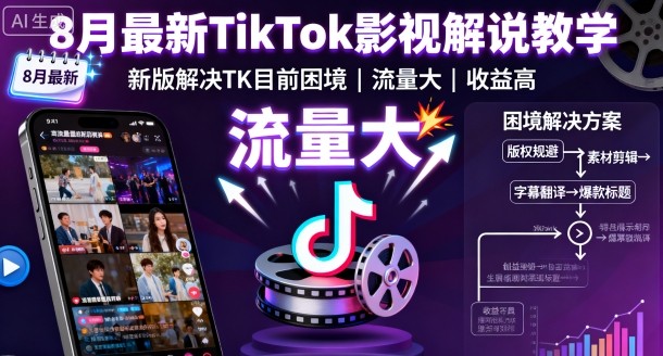 8月最新TikTok影视解说教学，新版解决TK目前困境，流量大，收益高-琴书聊项目