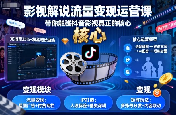 影视解说流量变现运营课，带你触碰抖音影视真正的核心-琴书聊项目