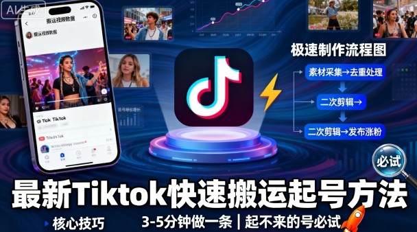 最新Tiktok快速搬运快速起号方法，3-5分钟做一条，起不来的号可以试试-琴书聊项目