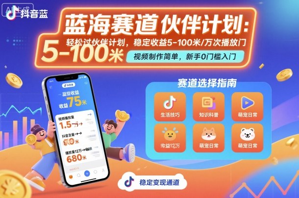 抖音蓝海赛道，轻松过伙伴计划，视频制作简单，万次播放收益在5-100米，稳定收益-琴书聊项目
