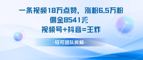 一条视频18W点赞，涨粉6.5W粉佣金8541米，视频号+抖音=王炸-琴书聊项目