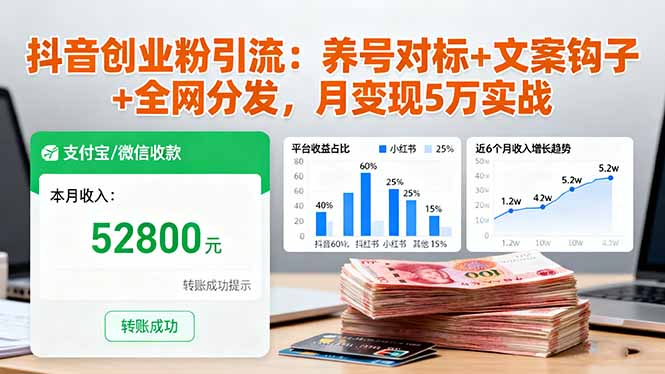 抖音创业粉引流：养号对标+文案钩子+全网分发，月变现5万实战-琴书聊项目