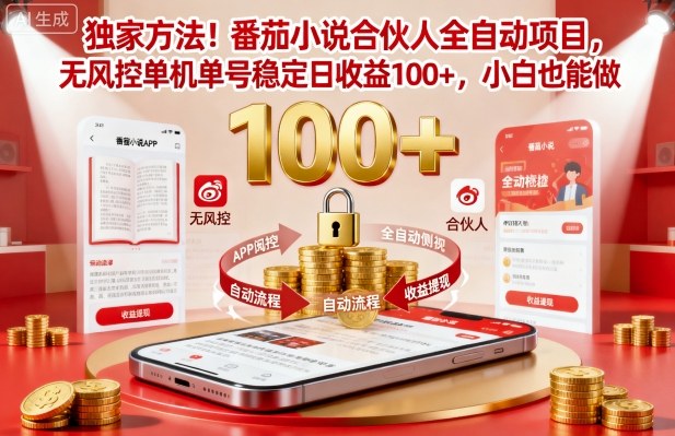 独家方法！番茄小说合伙人全自动挂G项目，无风控单机单号稳定日收益100+，小白也能做【揭秘】-琴书聊项目