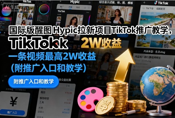国际版醒图Hypic拉新项目TikTok推广教学，一条视频最高2W收益(附推广入口和教学)-琴书聊项目