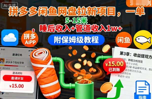 拼多多闲鱼网盘拉新项目，一单5-15米，睡后收入+管道收入1w+(附保姆级教程)-琴书聊项目