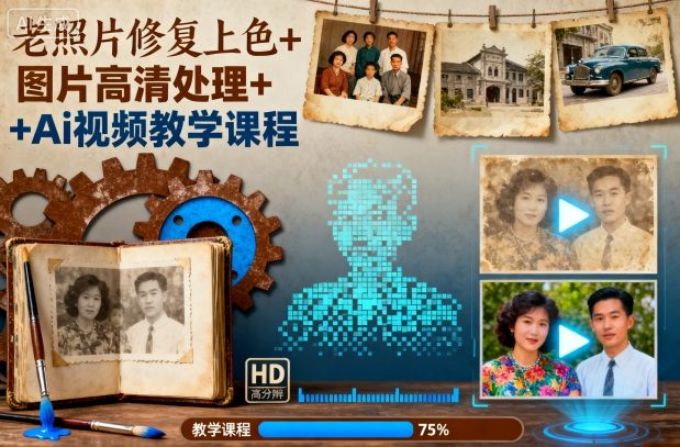 老照片修复上色+图片高清处理+Ai视频教学课程-琴书聊项目