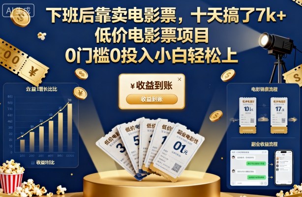 下班后靠卖电影票，十天搞了7k+，低价电影票项目，0门槛0投入小白轻松上手【揭秘】-琴书聊项目