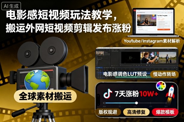 电影感短视频玩法教学，搬运外网短视频剪辑发布涨粉-琴书聊项目