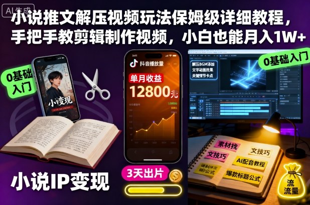 小说推文解压视频玩法保姆级详细教程，手把手教剪辑制作视频，小白也能月入1W+-琴书聊项目
