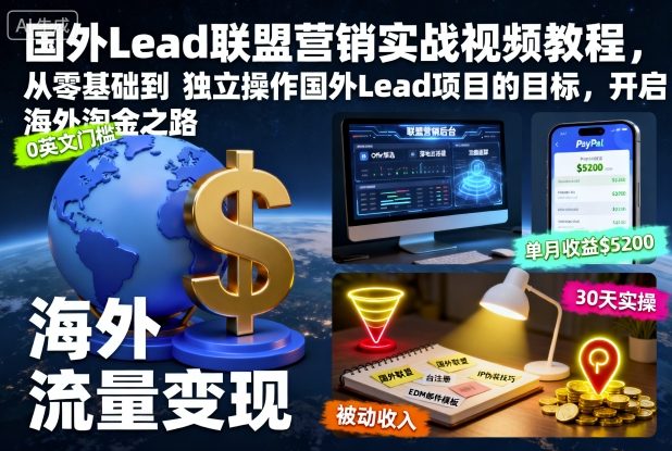 国外Lead联盟营销实战视频教程，从零基础到独立操作国外Lead项目的目标，开启海外淘金之路-琴书聊项目