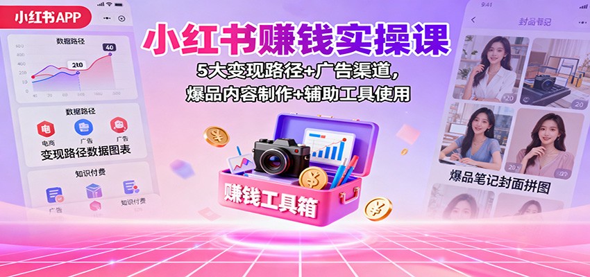 小红书赚钱实操课：5大变现路径+广告渠道，爆品内容制作+辅助工具使用-琴书聊项目