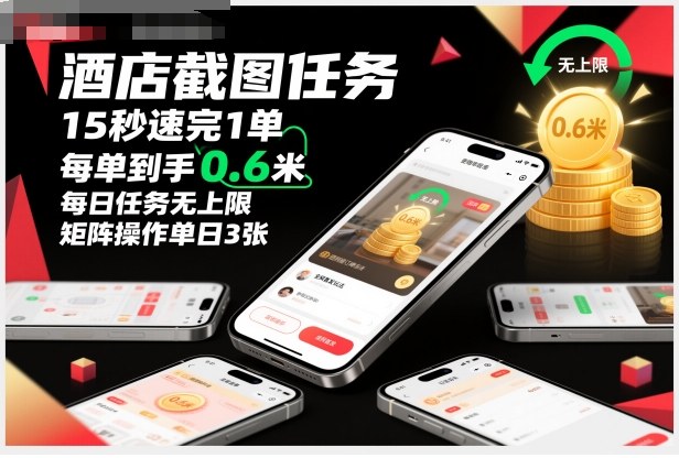 酒店截图任务，15秒速完1单，每单到手0.6米，每日任务无上限，全网首发玩法，矩阵操作单日3张【揭秘】-琴书聊项目