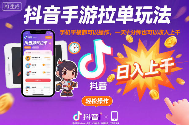 抖音手游拉单玩法，手机平板都可以操作，一天十分钟也可以收入上K【揭秘】-琴书聊项目