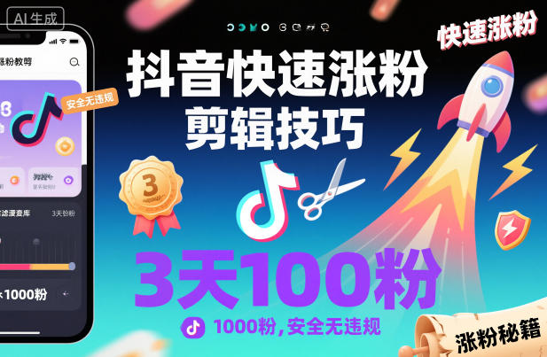 抖音快速涨粉剪辑技巧，3天1000粉，安全无违规-琴书聊项目