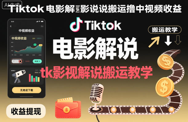Tiktok电影解说搬运撸中视频收益，tk影视解说搬运教学-琴书聊项目