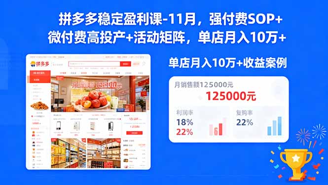 拼多多稳定盈利课-11月，强付费SOP+微付费高投产+活动矩阵，单店月入10w+-琴书聊项目