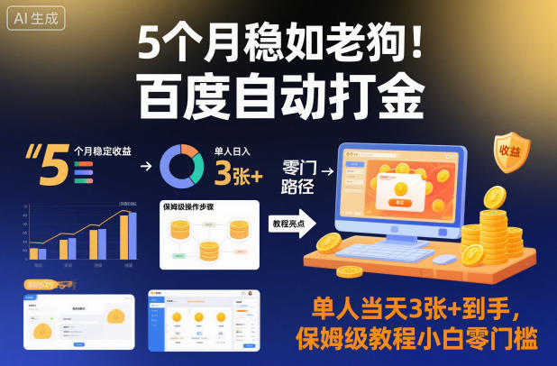 5个月稳如老狗！百度自动打金，单人当天3张+到手，保姆级教程小白零门槛【揭秘】-琴书聊项目