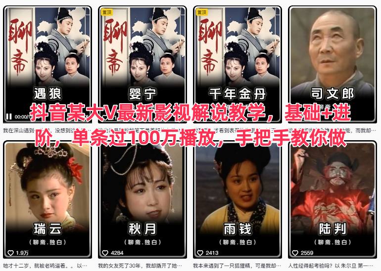 抖音某大V最新影视解说教学，基础+进阶，单条过100万播放，手把手教你做-琴书聊项目