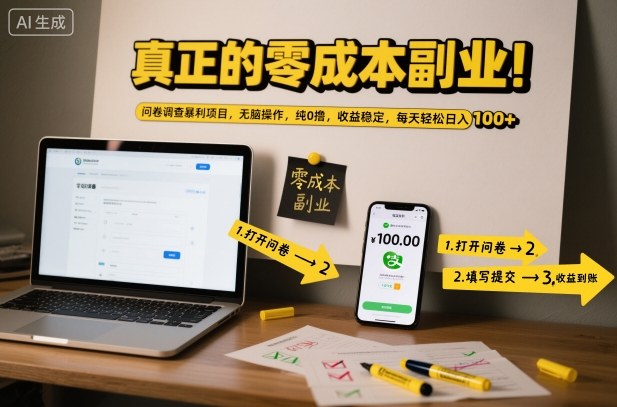 真正的零成本副业！问卷调查暴利项目，无脑操作，纯0撸，收益稳定，每天轻松日入100+【揭秘】-琴书聊项目