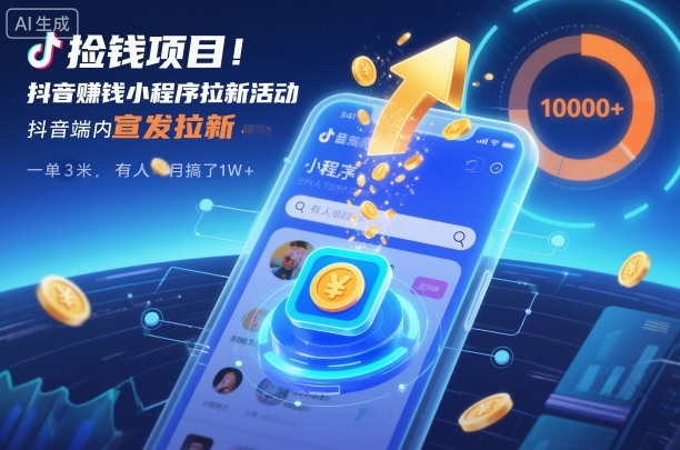 捡钱项目！抖音賺钱小程序拉新活动，抖音端内宣发拉新，一单3米，有人半个月搞了1W+-琴书聊项目