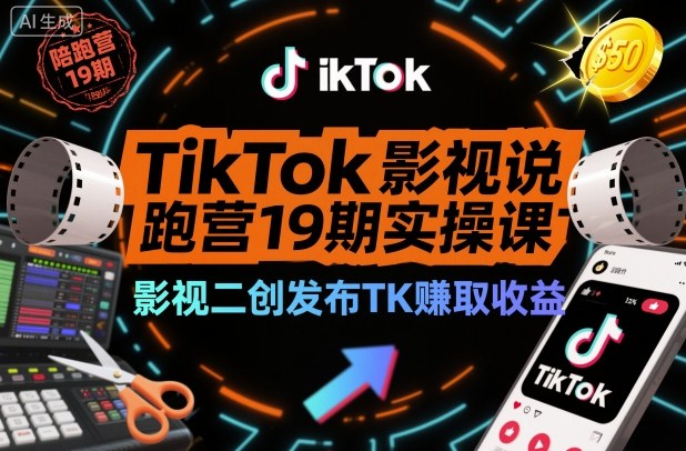 TikTok影视解说陪跑营19期实操课，影视二创发布TK賺取收益，万播收益50美金(更新)-琴书聊项目