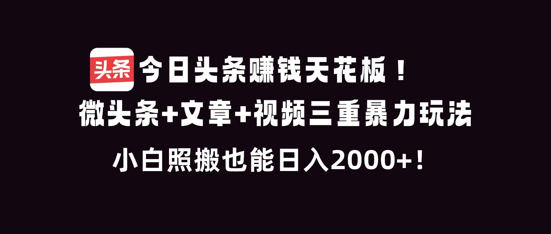 今日头条赚钱天花板！微头条+文章+视频三重暴利玩法，小白照搬也能日人2000+-琴书聊项目