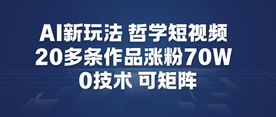 AI新玩法哲学短视频制作教学，20多条作品涨粉70W，0成本赛道，可矩阵-琴书聊项目