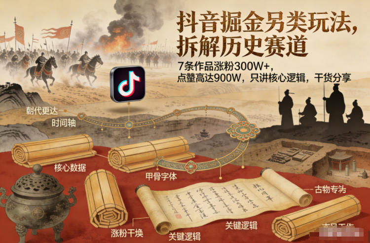 抖音掘金另类玩法，拆解历史赛道，7条作品涨粉300W+，点赞量高达900W，只讲核心逻辑，干货分享-琴书聊项目