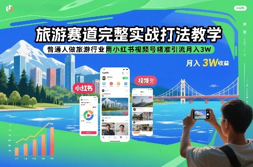 旅游赛道完整实战打法教学，普通人做旅游行业用小红书视频号精准引流月入3W-琴书聊项目