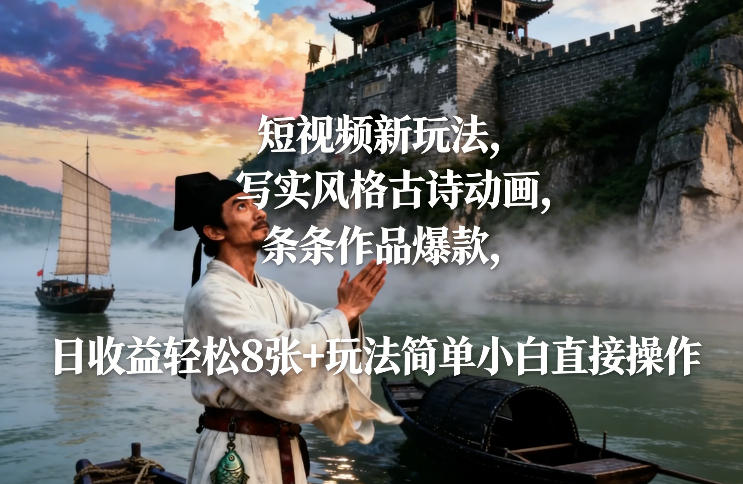 短视频新玩法，写实风格古诗动画，条条作品爆款，日收益轻松8张+玩法简单小白直接操作-琴书聊项目
